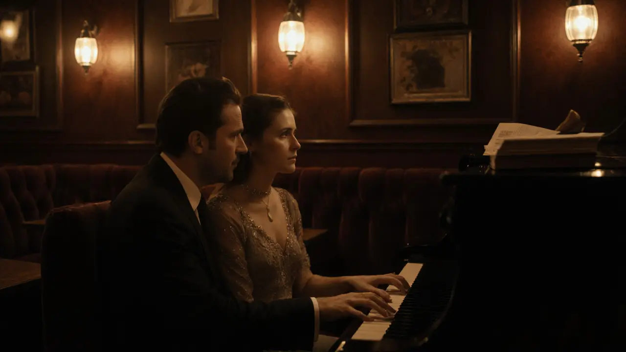A couple in a 1920s jazz cabaret, holding hands as soft piano music fills the dimly lit room.