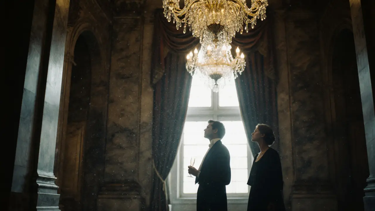 A couple in elegant attire during intermission at Staatsoper Unter den Linden, surrounded by golden architecture and soft light.