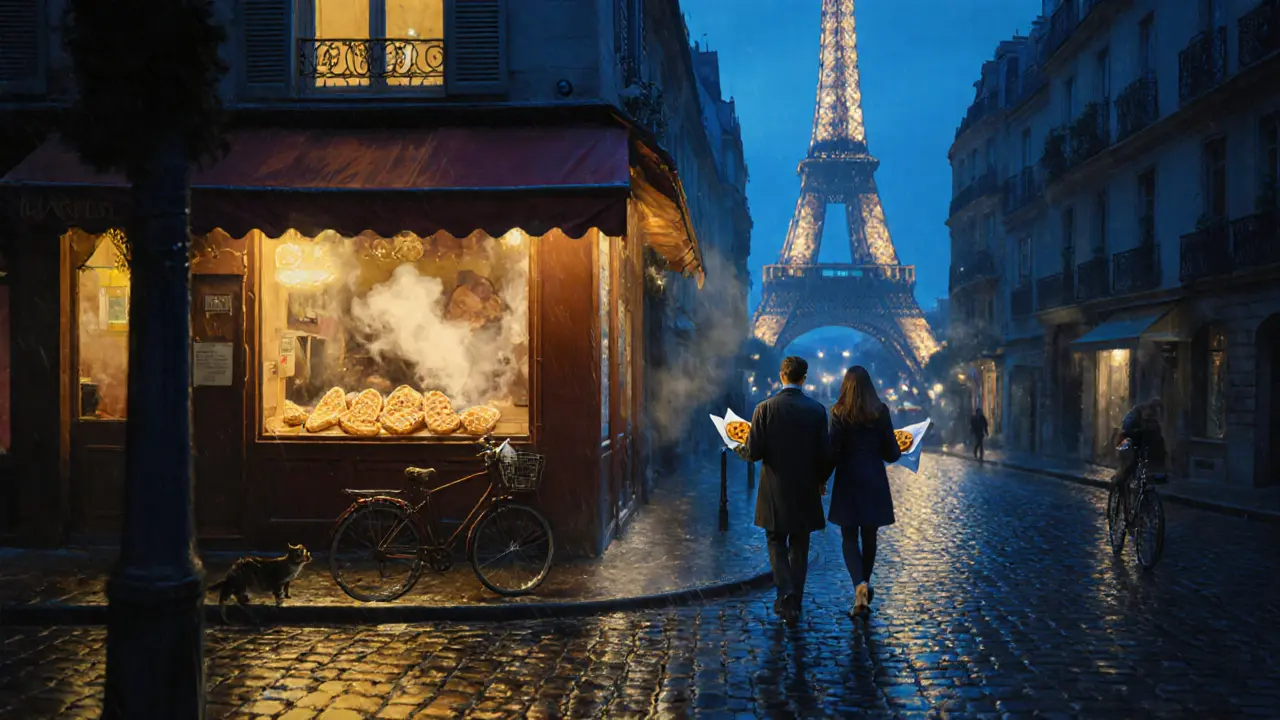 A couple walks home at midnight in Paris, holding crêpes, under rain-glistened lamplight.