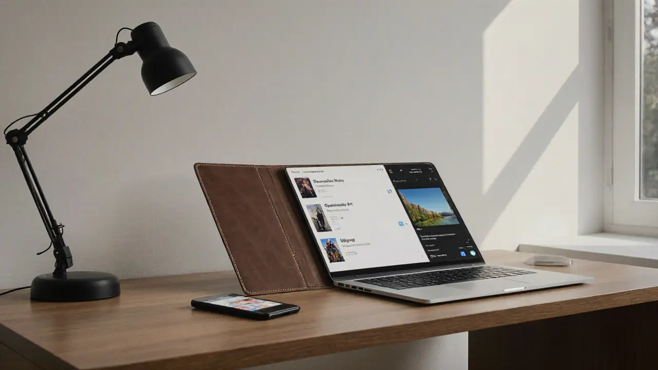 A discreet agency office with a secure laptop and client profile folder on a wooden desk.
