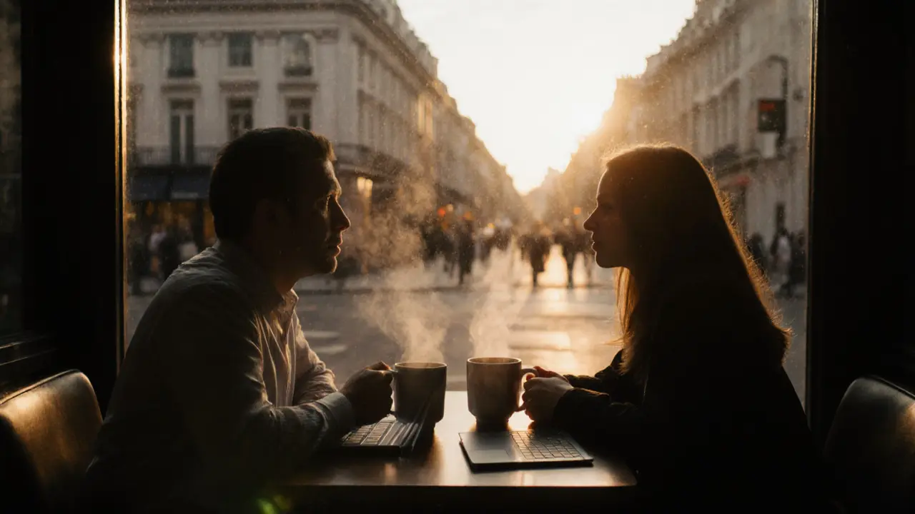 A first meeting between a client and escort at a cozy café in Notting Hill.