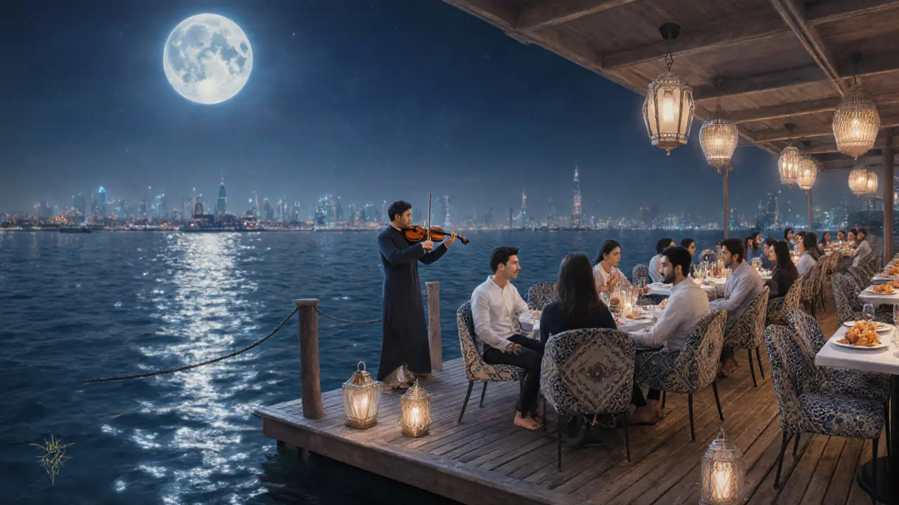 A floating restaurant at night on the Corniche, guests enjoying dessert under moonlight with a violinist playing softly.