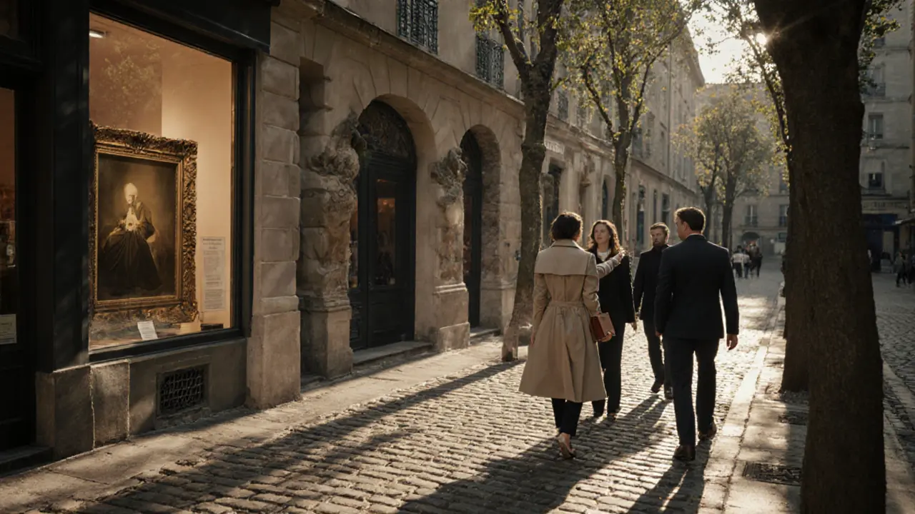 A former escort turned cultural advisor guides art collectors through a quiet Parisian courtyard, pointing to a vintage photograph in a gallery window.