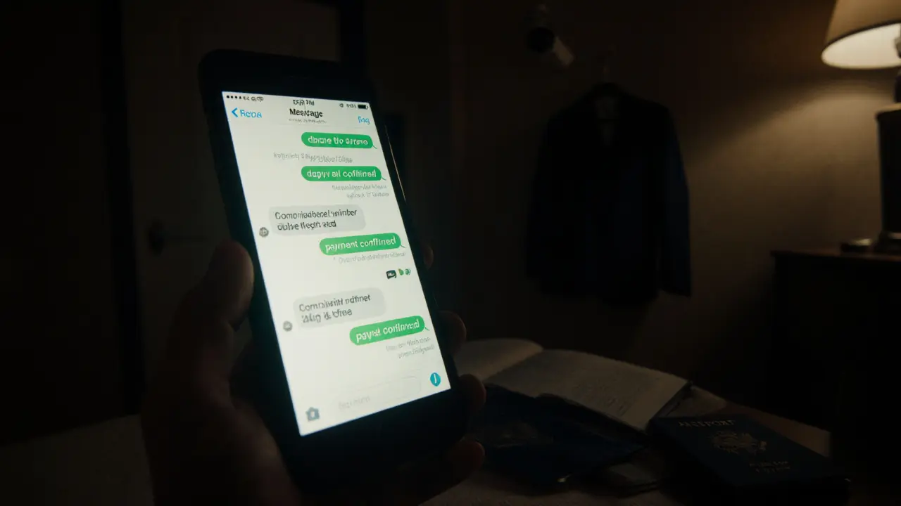 A glowing smartphone in a hotel room displays deleted messages, with a passport and discarded clothes nearby.