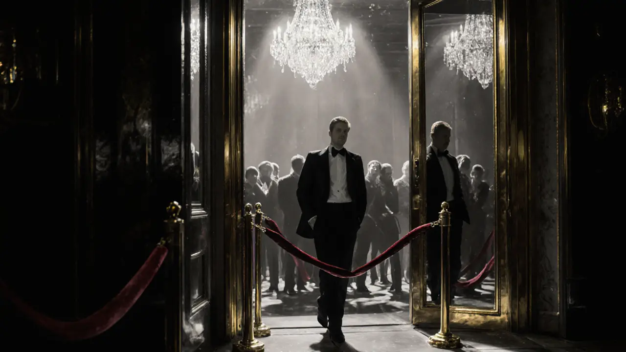 A guest stepping through a velvet rope into an exclusive club, silhouettes of others waiting outside.