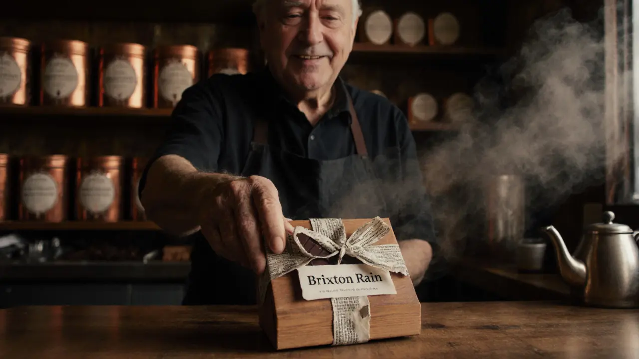 A hand places a small chocolate box labeled &#039;Brixton Rain&#039; on a wooden counter in a cozy London chocolate shop.
