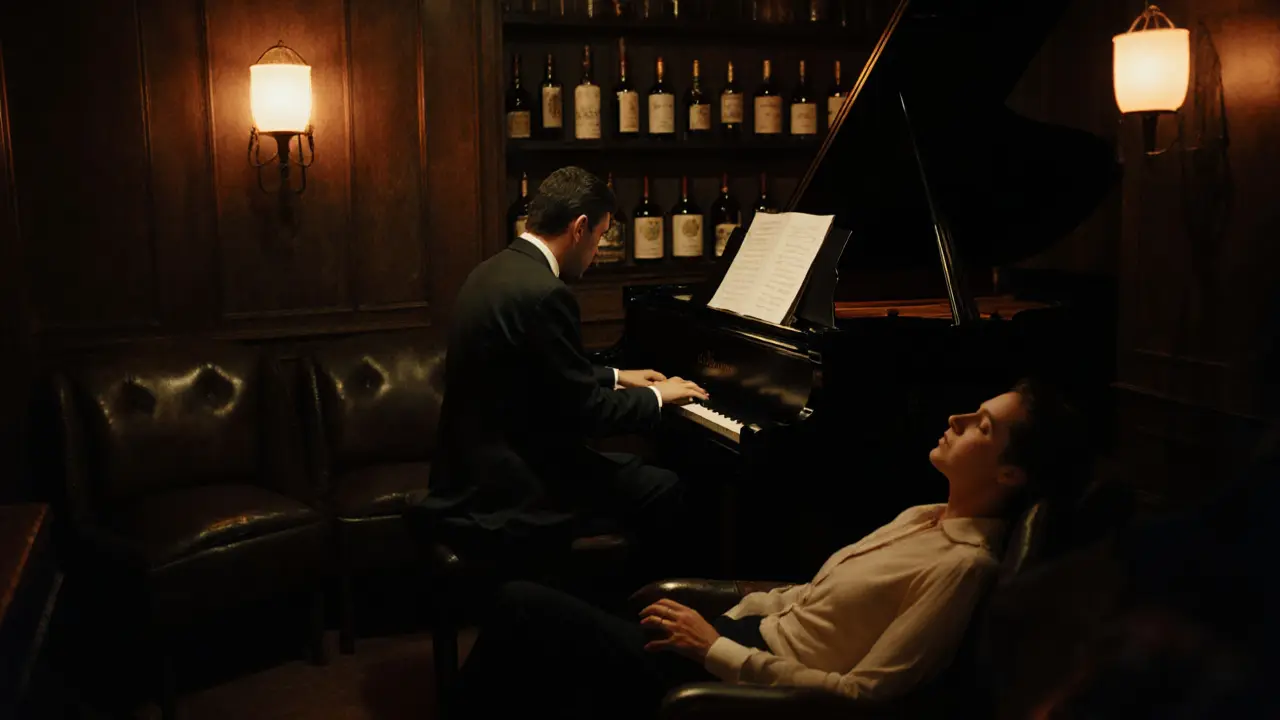A jazz pianist playing in a dimly lit, wood-paneled lounge with vintage vinyl and leather chairs.
