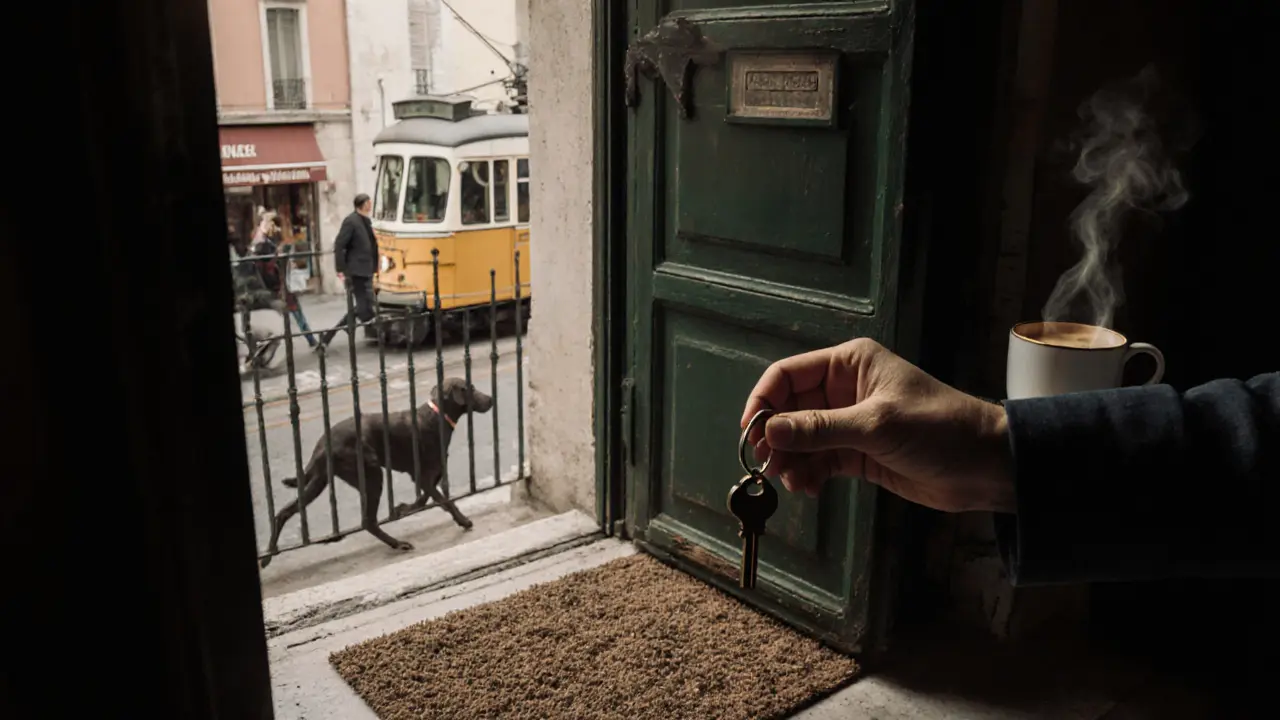 A key under a mat outside a hidden apartment, morning light revealing a quiet Milan street beyond the balcony.