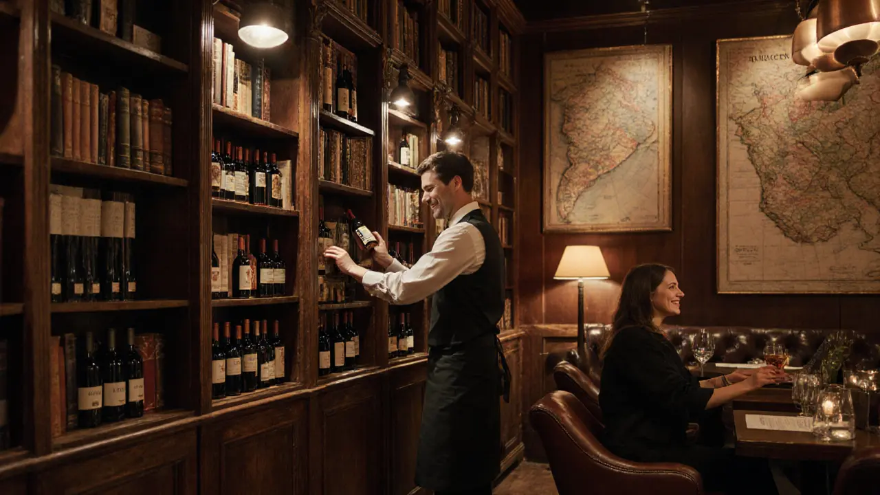 A library-themed wine bar with wooden shelves and a staff member selecting a bottle for a guest.