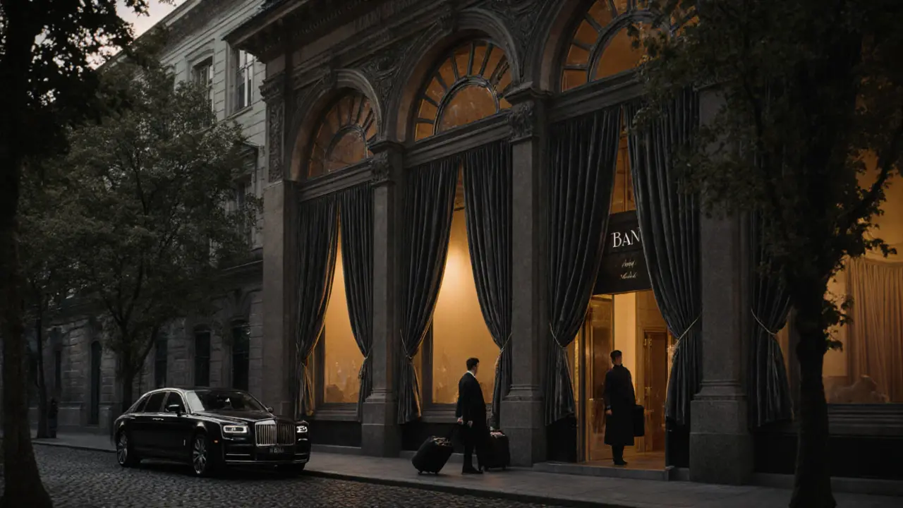 A luxury hotel's private side entrance at dawn with a valet handling luggage discreetly.