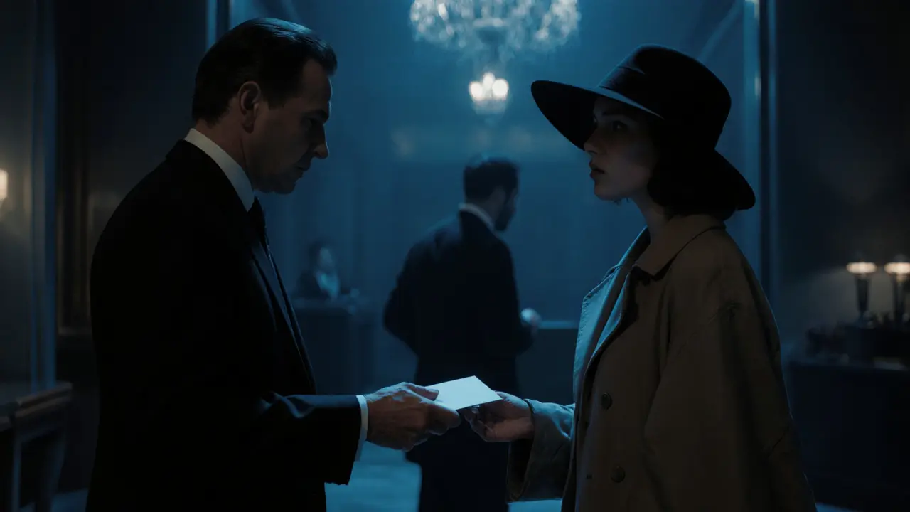 A man and woman exchange an envelope in a hotel lobby, faces shadowed, concierge turning away.
