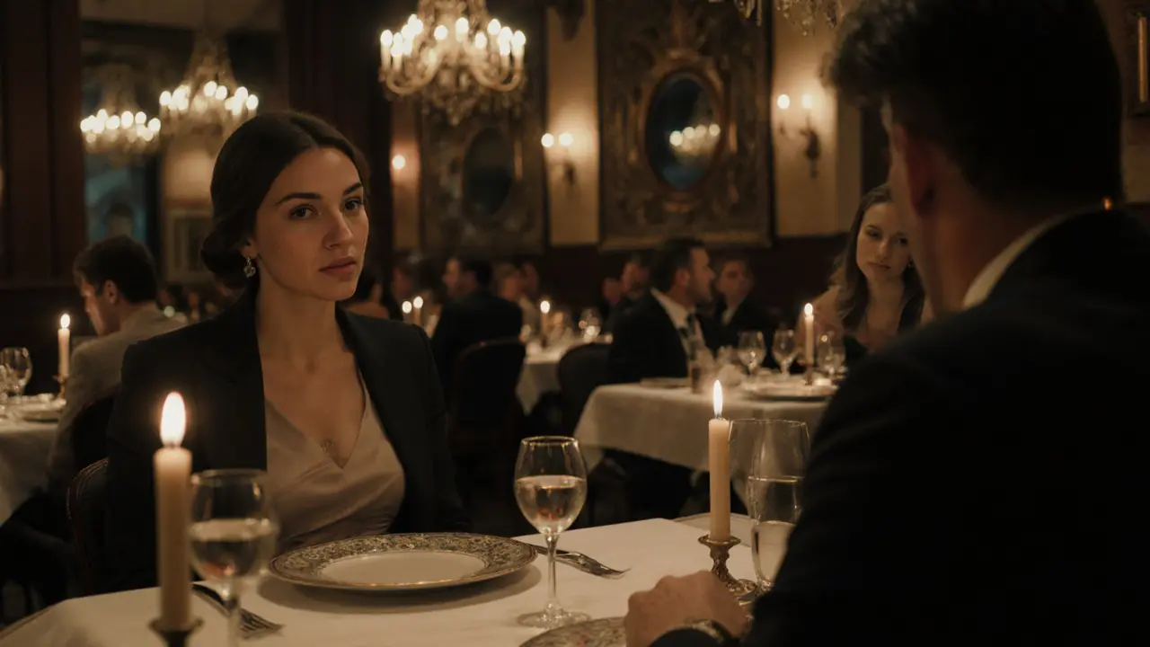 A man and woman having a quiet dinner in a Milan restaurant, engaged in thoughtful conversation.