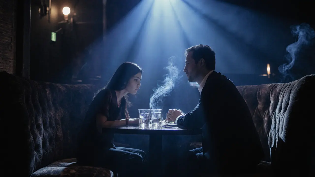 A man and woman listening silently to jazz in a dim Berlin club, lost in the music.