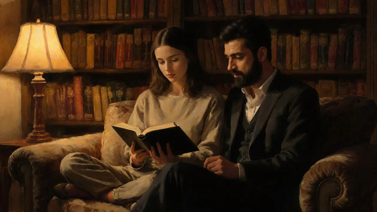 A man and woman read poetry together in soft lamplight, no physical contact.