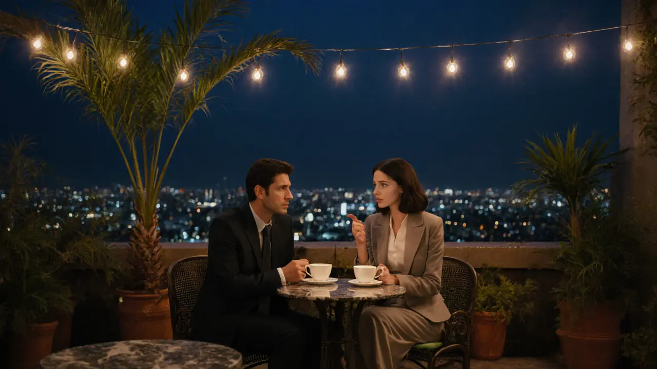 A man and woman sharing coffee on a quiet Dubai rooftop garden at night, no physical contact.