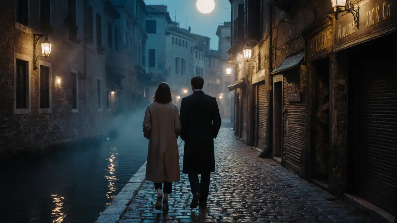 A man and woman walking peacefully along the Navigli canals under lantern light, reflecting the calm of the water.