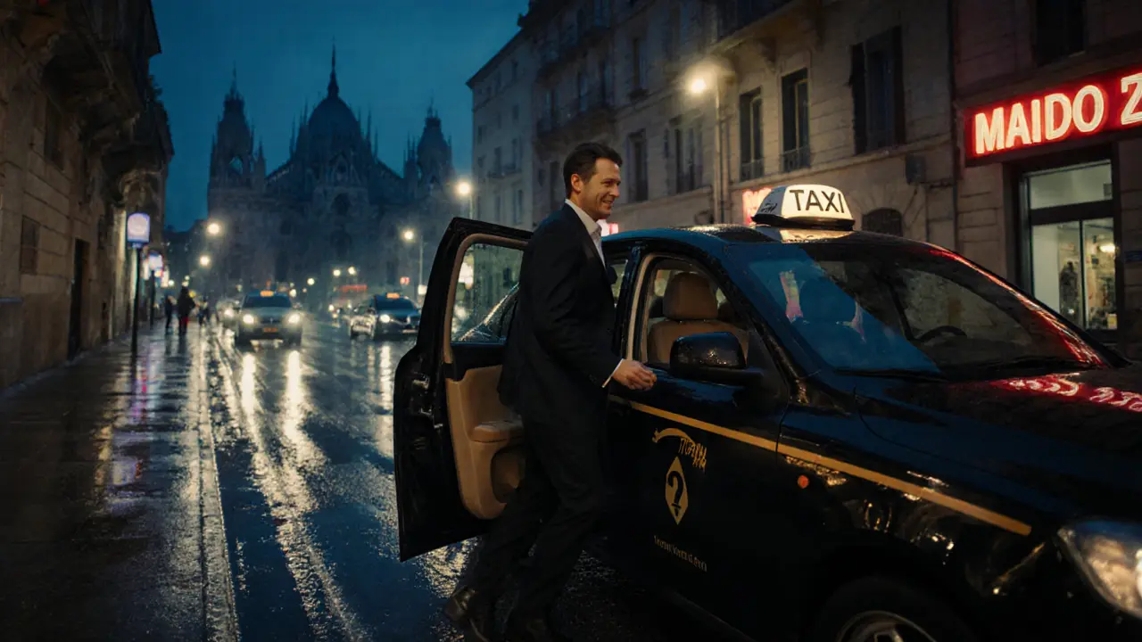 A man exiting a taxi outside a Milan hotel at night, calm and composed, urban street scene in background.
