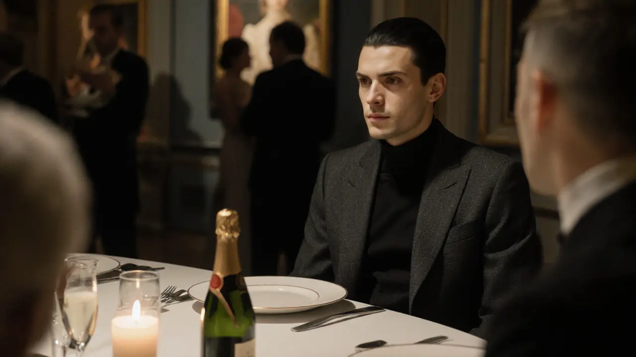 A man in a tailored suit at a private dinner, listening intently in candlelit elegance.
