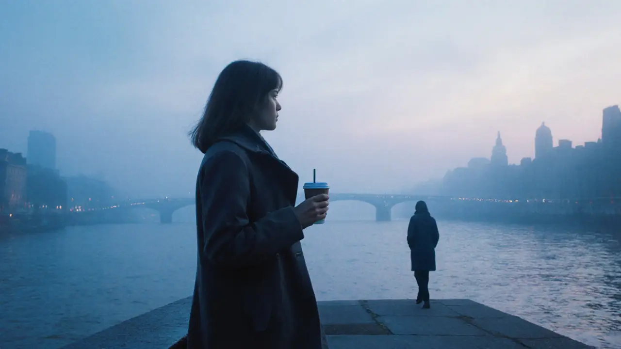 A person stands alone at sunrise on the Thames, a distant companion walking away, morning mist softening the scene.