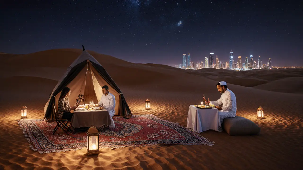A private desert dinner under stars with oud music and elegant dining in a Bedouin camp.