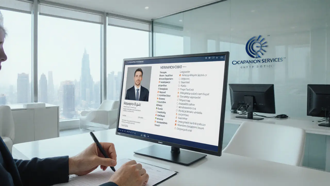 A professional agency office with a digital client profile displayed on a monitor, hands signing a contract.