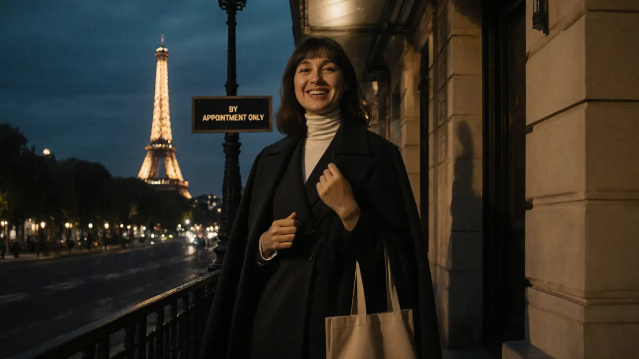 A professional escort waiting outside a boutique hotel in Paris at dusk, the Eiffel Tower glowing softly behind her.