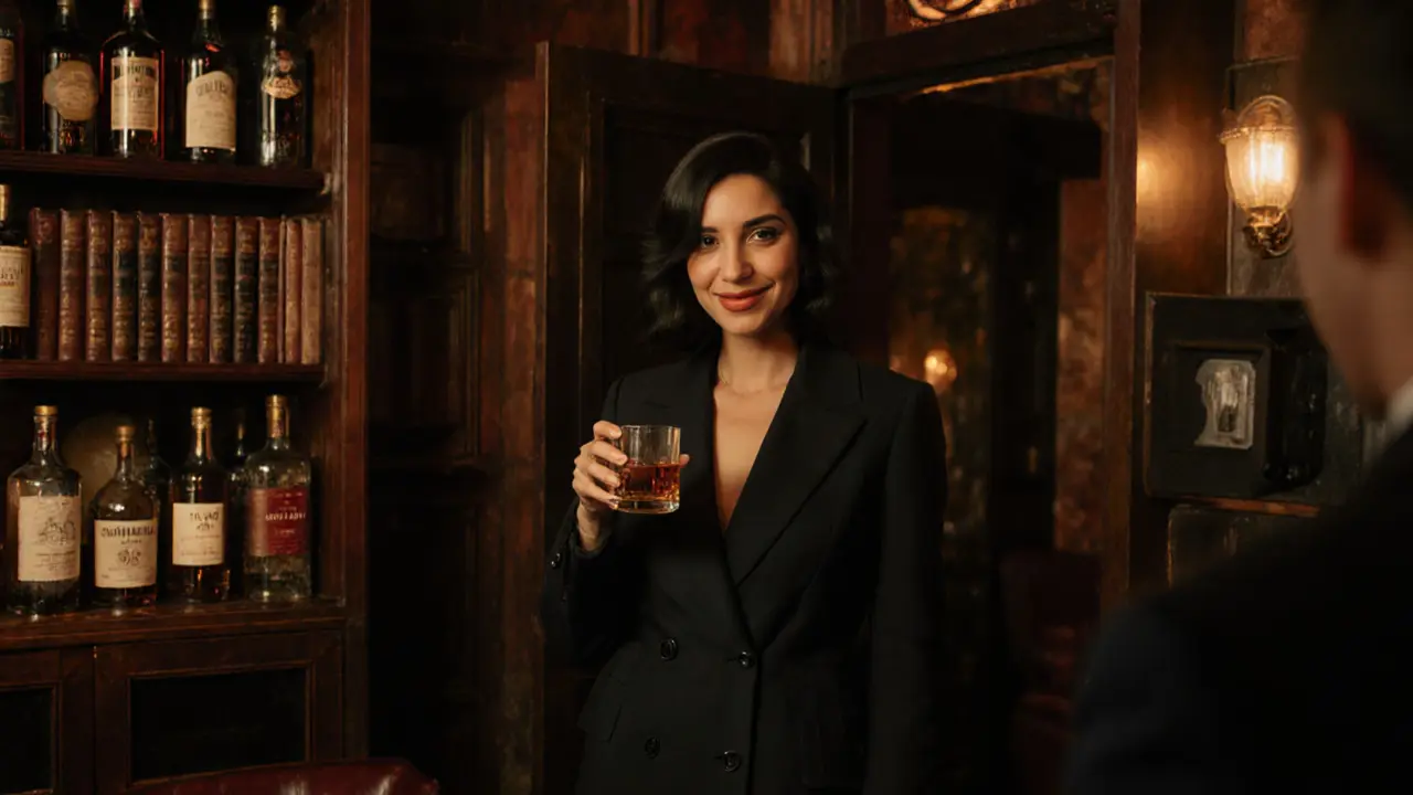 A professional woman in a speakeasy behind a bookshop, surrounded by books and warm light.