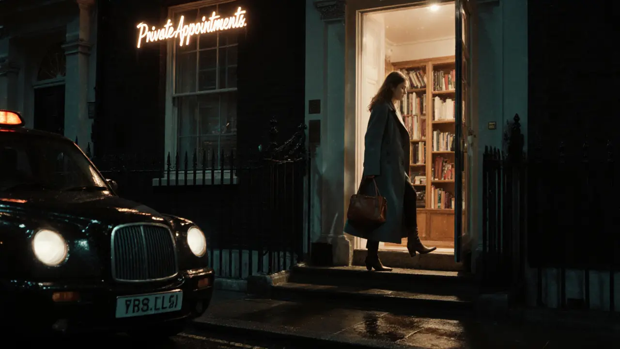 A professional woman walks up to a discreet London townhouse at night, carrying a bag, as warm light glows from inside—calm, private, and dignified.