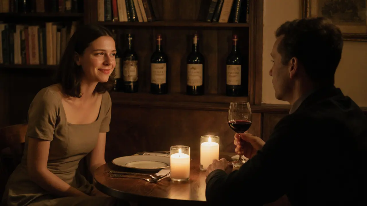 A quiet candlelit dinner in a cozy Berlin restaurant, two individuals sharing a thoughtful moment.