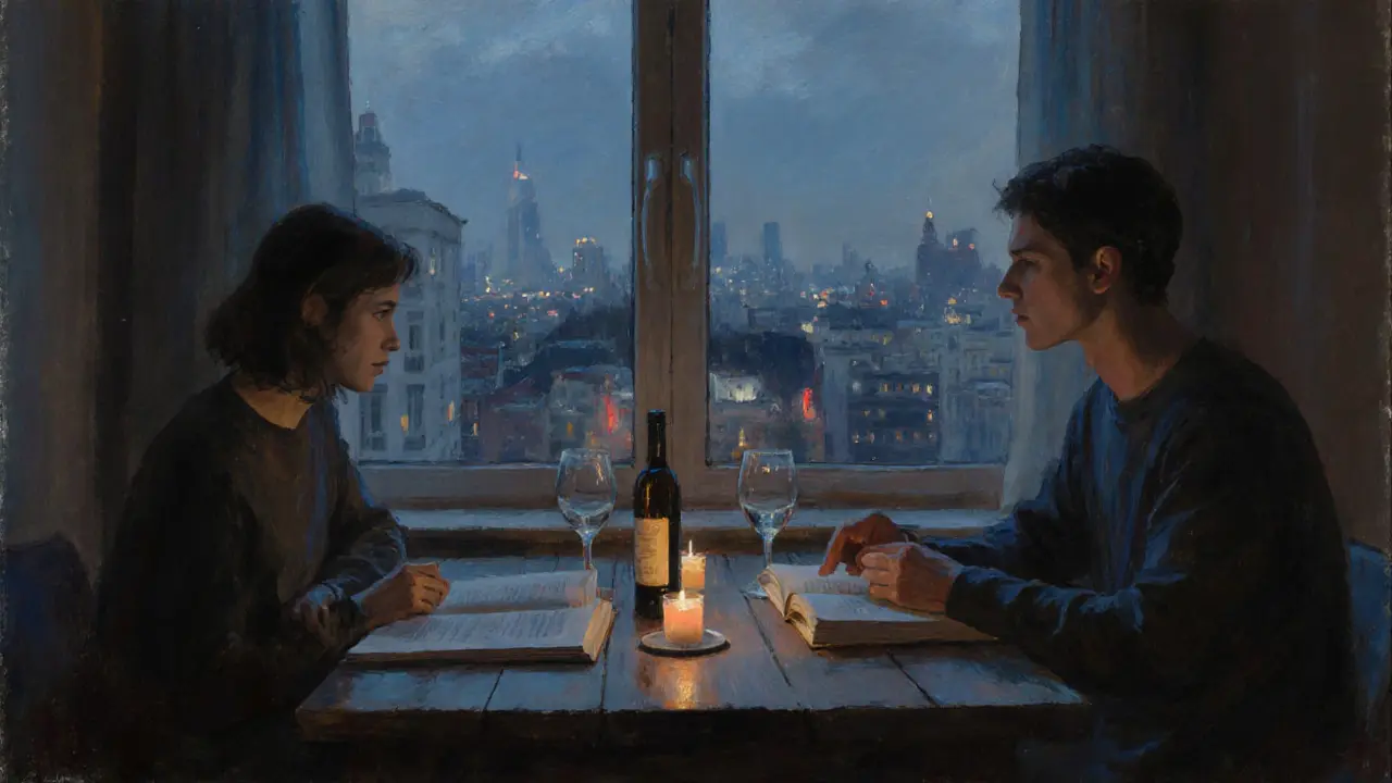 A quiet dinner in a Berlin apartment with wine and art books, candlelight casting soft shadows.