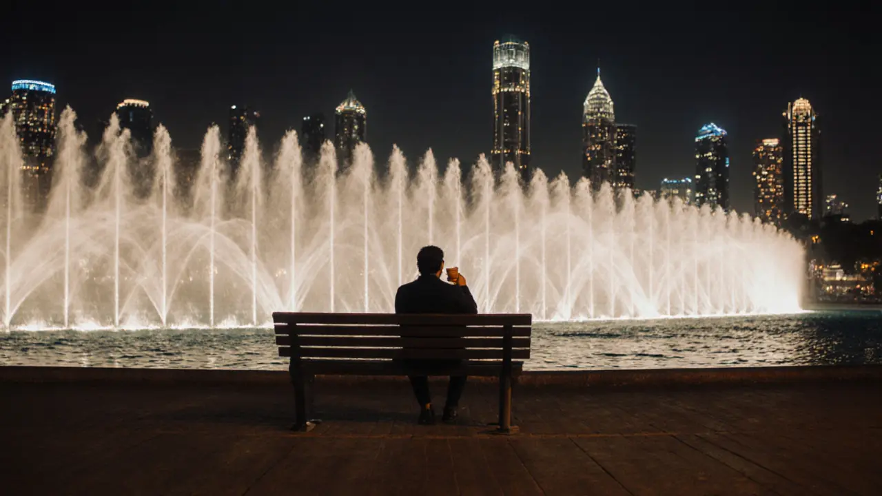 A quiet figure sits on a bench by the Dubai Fountain at dawn, sipping tea as water jets dance silently in the background.