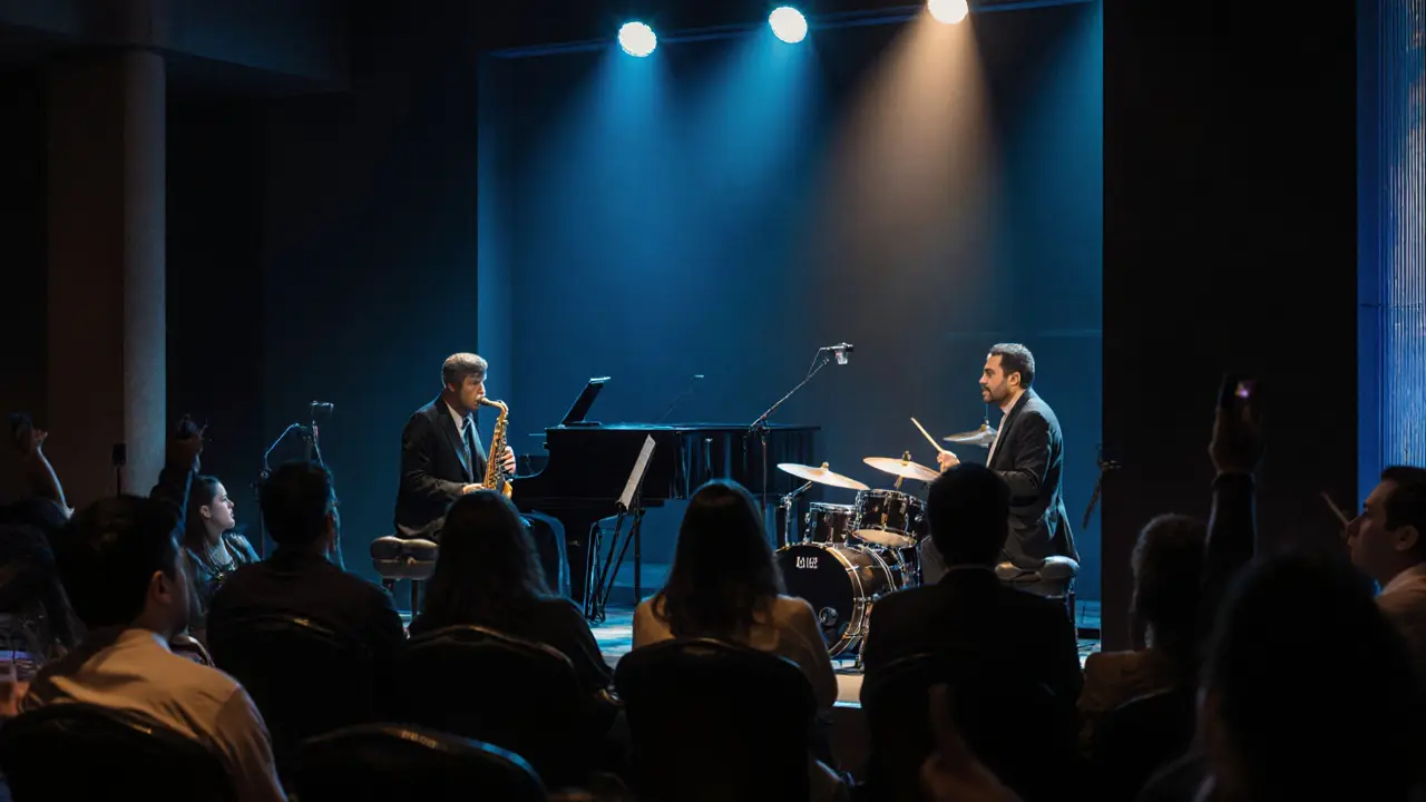 A quiet jazz trio performing in a sleek venue, audience listening intently in dim, warm lighting.