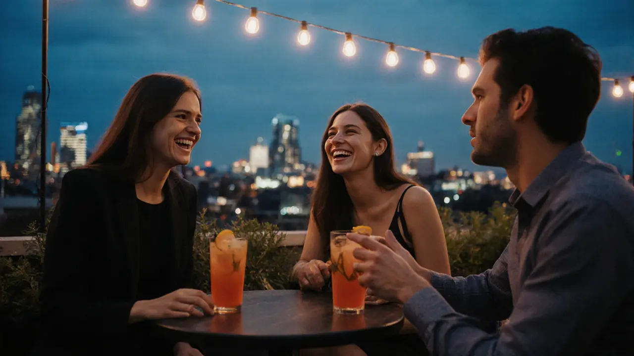 A rooftop bar in Shoreditch at dusk, people laughing together with city lights in the background.