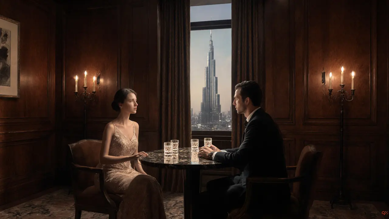 A secretive luxury lounge with candlelight, whiskey glasses, and a refined couple in quiet conversation.