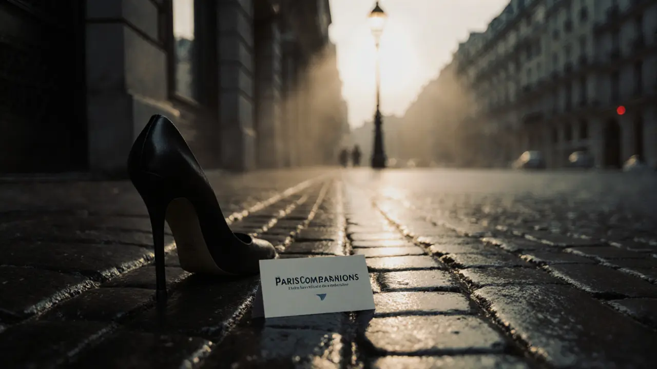 A single high-heeled shoe and business card on a wet Paris street at dawn.