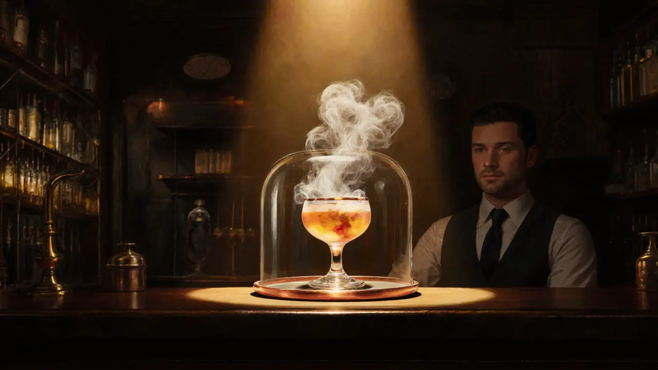 A smoky cocktail in a glass dome being served at The Alchemist bar, golden light highlighting the vapor.