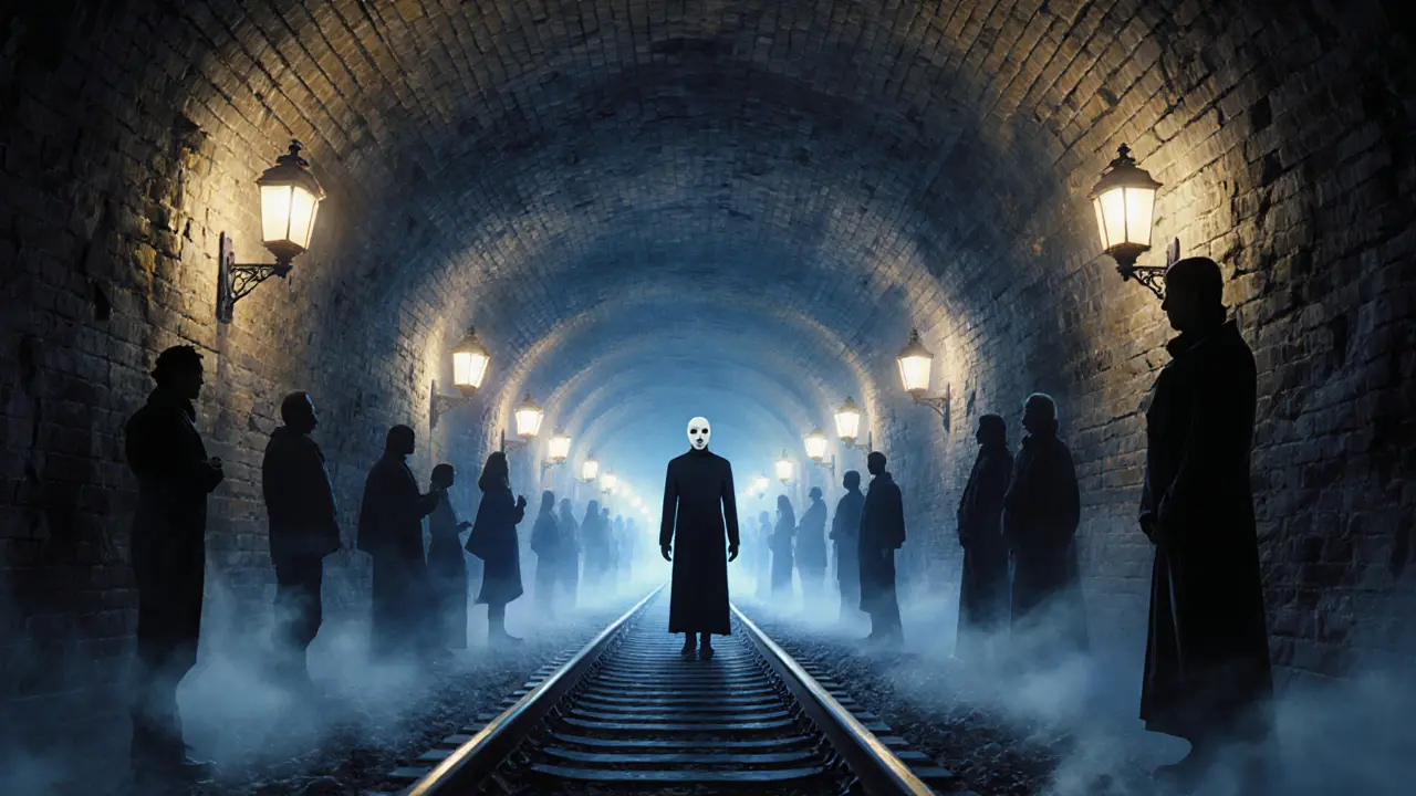 A solitary performer in a lantern-lit underground tunnel, surrounded by silent onlookers.