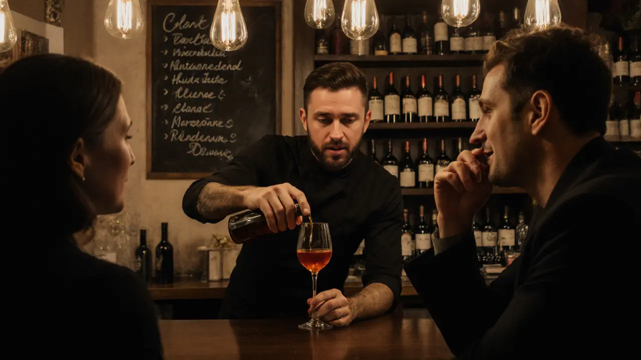 A sommelier pouring unusual orange wine for two patrons in a cozy Paris wine bar.