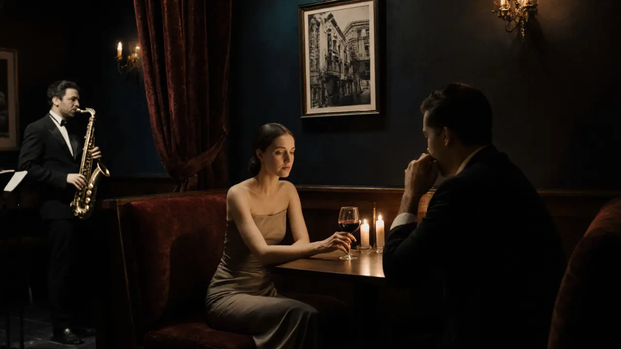 A sophisticated woman listening intently to a man in a dim jazz bar in Brera, with a saxophonist in the background.