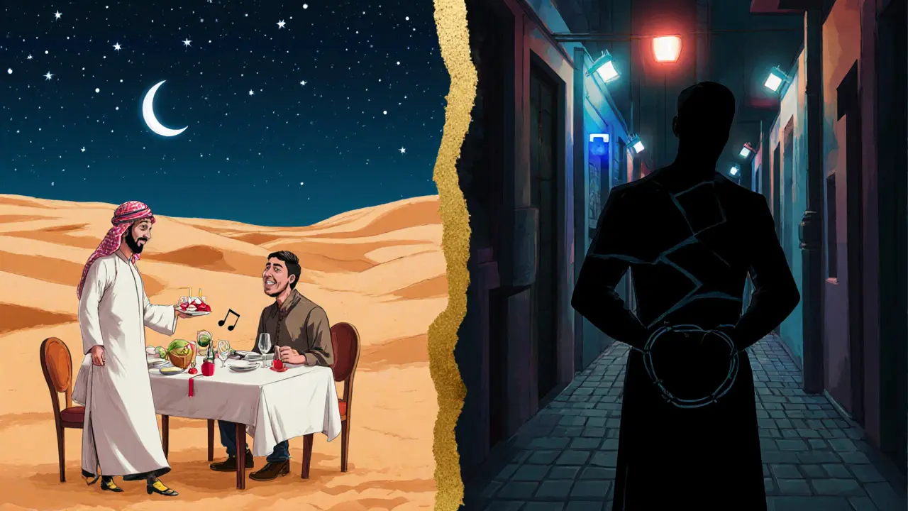 A split image: one side shows a safe desert dinner under stars, the other a shadowy arrest scene.