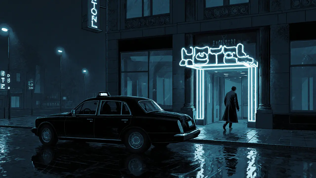 A taxi pulling away from a luxury hotel at night, rain reflecting neon signs in the street.