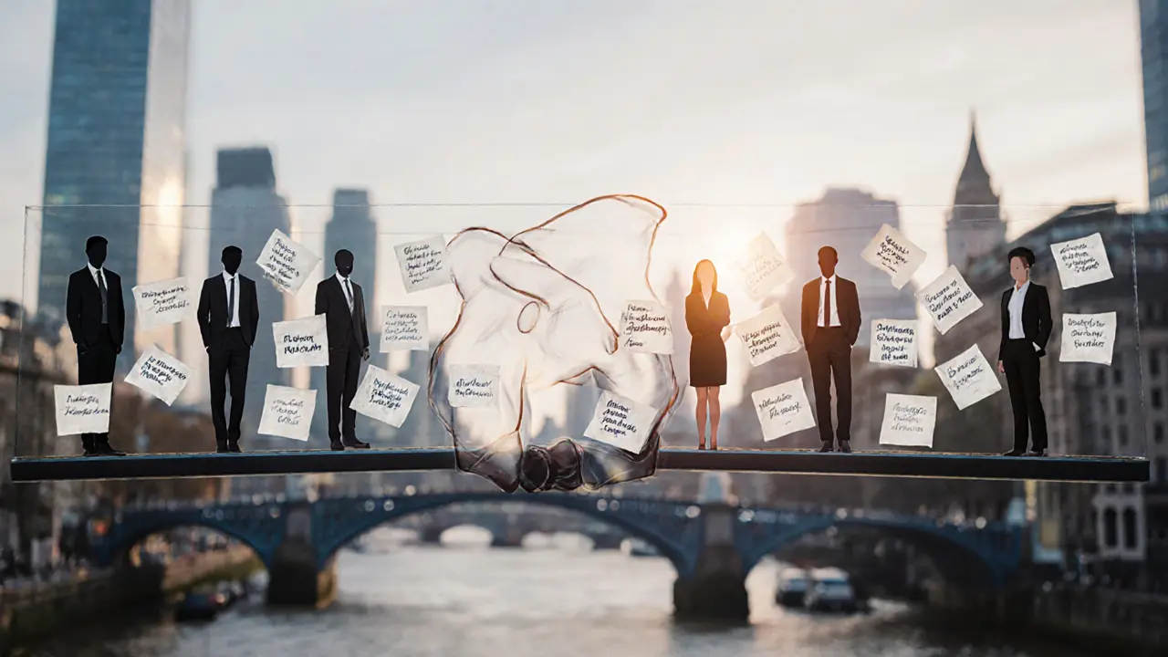 A transparent bridge connects isolated figures to warmly lit people, made of hands and handwritten notes.