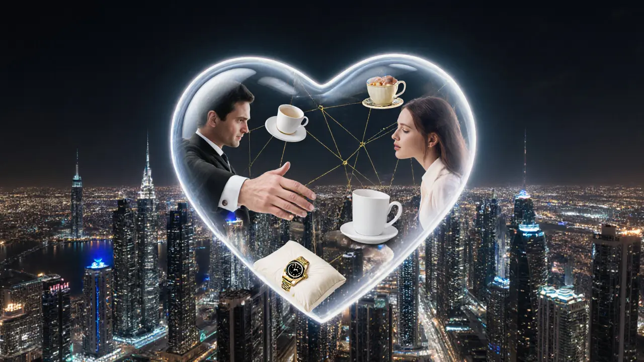 A transparent heart hovers over Dubai, containing hidden moments of human connection.