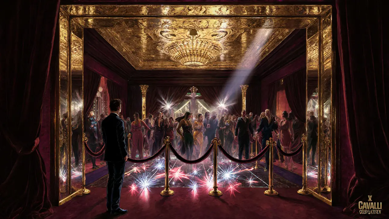 A vibrant nightclub with gold ceilings and velvet ropes, illuminated by neon lights and a stylish crowd dancing.