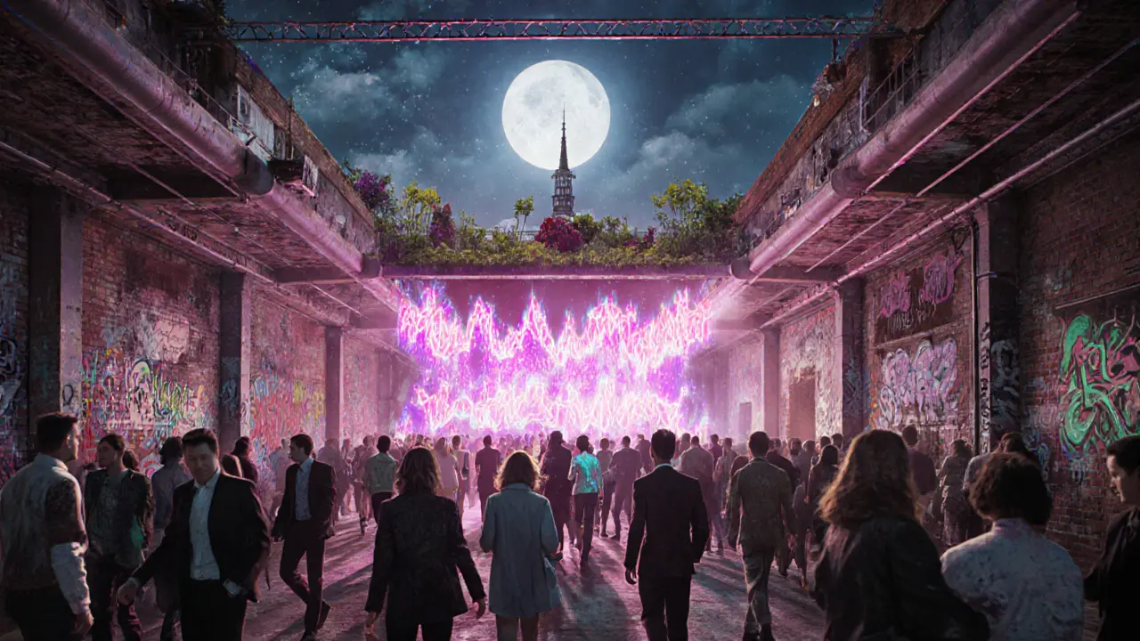 A vibrant underground warehouse party in Milan with strobe lights and a diverse crowd under a rooftop garden.