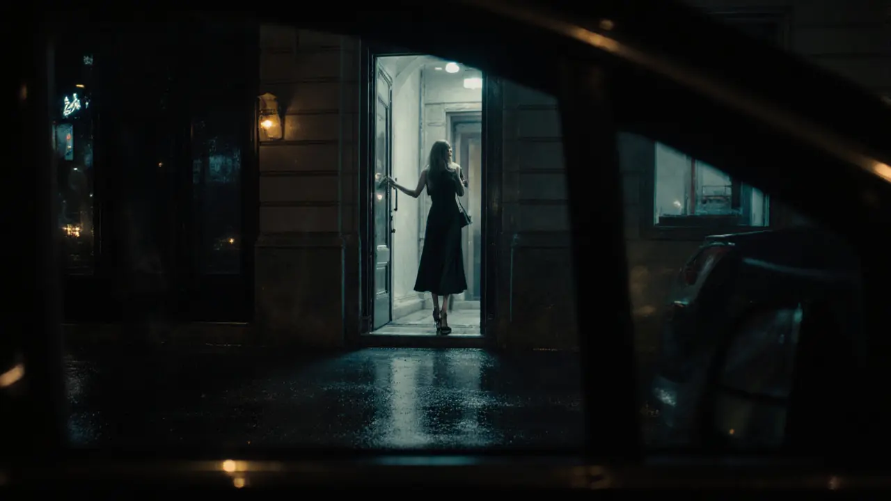 A woman in a black dress enters a discreet building at night in Milan, car parked outside under soft neon glow.