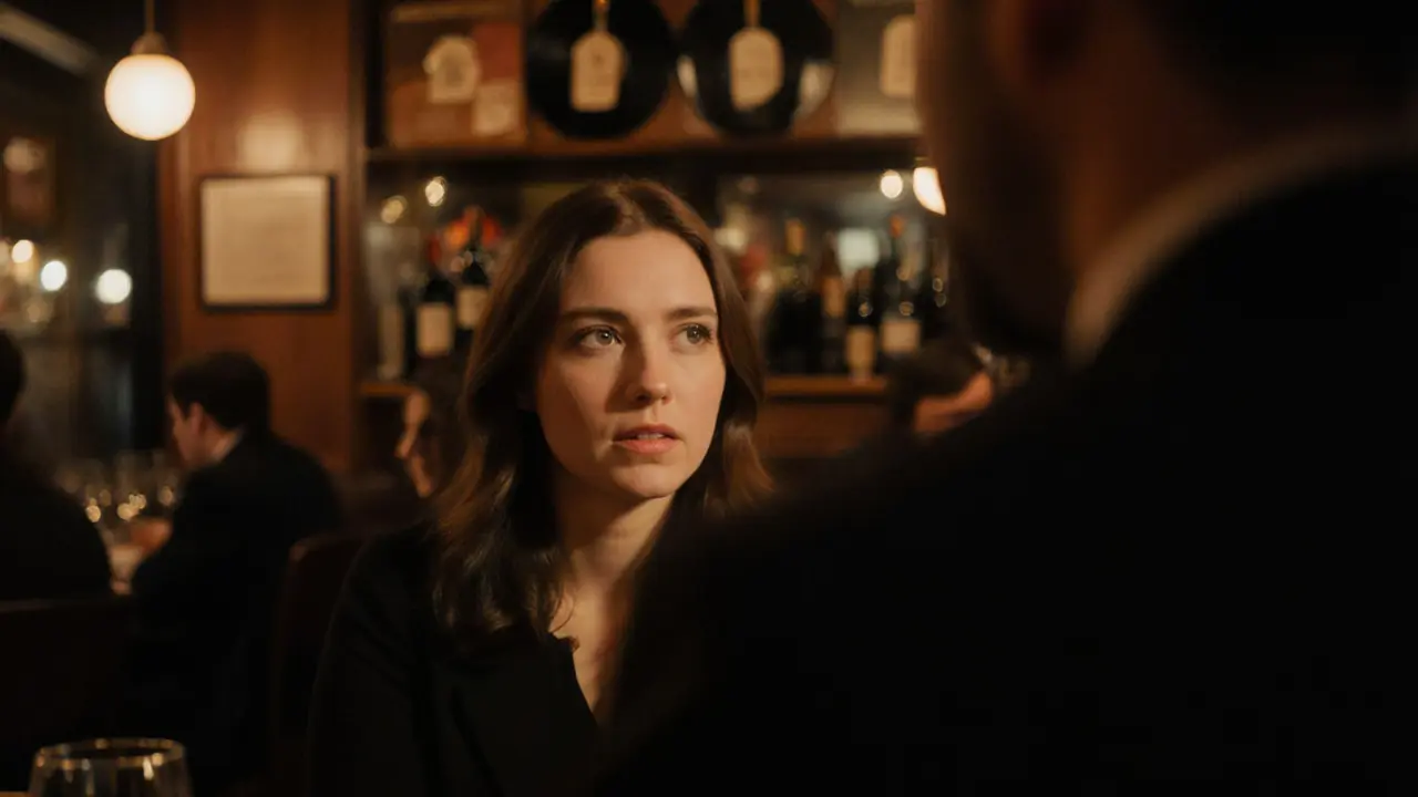 A woman listening attentively to a man in a cozy Paris jazz bar, warm lighting and vintage decor around them.
