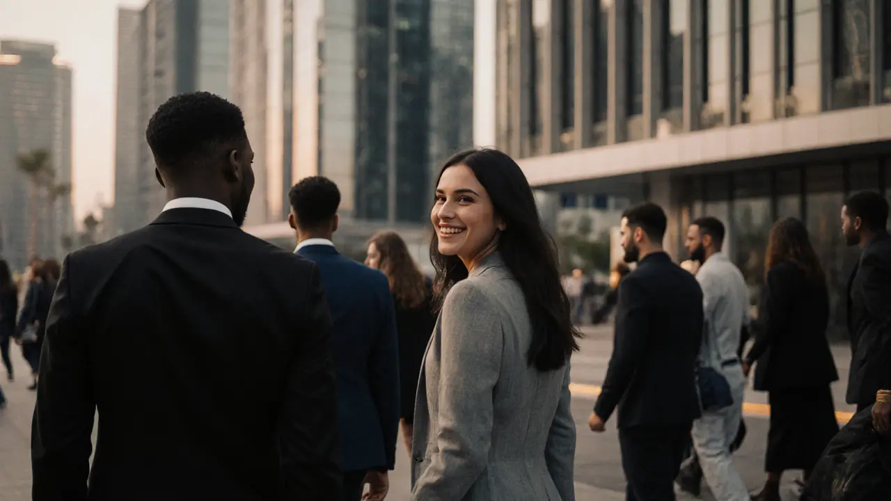 A woman smiles warmly from a distance in Dubai&#039;s Design District, symbolizing discreet, respectful companionship.