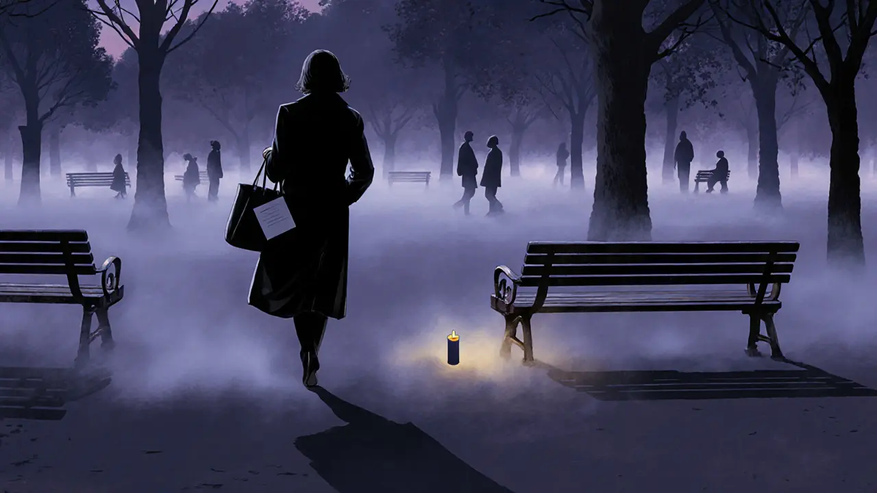 A woman walks through Hyde Park at twilight, a folded note and candle on an empty bench beside her.