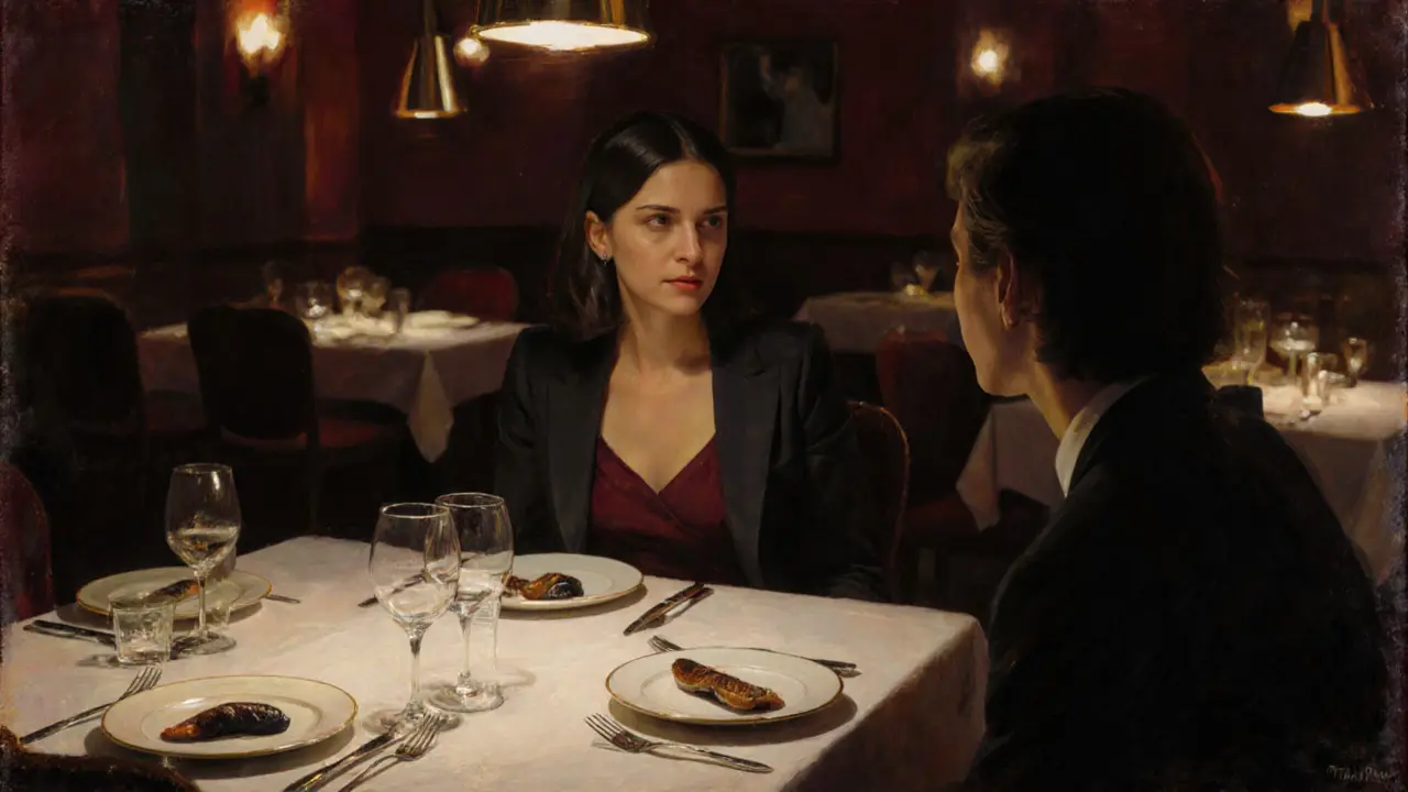 An intimate dinner at Tim Raue restaurant, with delicate dishes and quiet conversation under warm lighting.